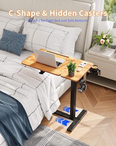 YIHAYO Adjustable Overbed Bedside Table with Wheels, 28 x 16 Inches Electric Mobile Standing Desk, Laptop Desk, Movable Overbed Tables Hospital Home Use, Rustic Brown - color: Black Frame/Rustic Brown Top, size: 28*16 Inch