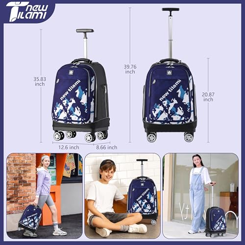 NEW TILAMI 19 Inch Rolling Backpack for School Travel with 4 Spinner Wheels | 360°rotating Universal Wheel, Large Organizer Compartments, Adjustable Handle, Carry on for School Students Business Travel - color: Blue Shadow Illusory Form