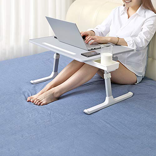 NEARPOW XXL Bed Table Tray, Adjustable Laptop Lap Desk for Couch, Black | Bed desk for laptop and writing features anti-slip leather, 5 heights, 4 angles, book stand, a drawer & removable stopper - color: Gray