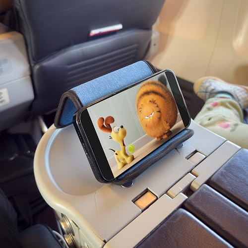 Airplane Phone Holder - Foldable Phone Stand for Plane Travel | Blue Denim,Tabletop Mount Desk, Plane Tray Seat back, Treadmill, Fits iPhone Cell Phone, 9 x 4.3 in - color: Denim, size: Large