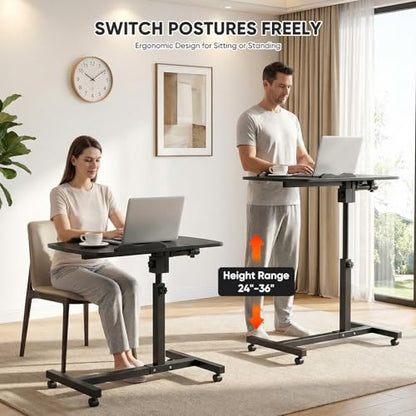 Magshion Tilt Overbed Bedside Table with Wheels, Rolling Laptop Desk with Mouse Table & Height Adjustment from 24" to 36", Sit to Stand Up, Mobile Standing Desk for Hospital Home Office, Black Frame