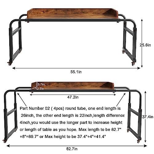 TigerDad Overbed Table with Wheels, Modern Style, Brown, 55.1-82.7x25.6x18.1 inches, 350lbs Weight Capacity - color: Brown
