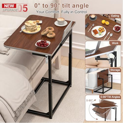 Tv Tray Table,Extra Large Dinner Food Tray Table,Couch & Bed Eating Desk,Heavy Duty Folding Laptop Side Table with 8Height&90° Tilt Adjustable,C-Shaped End Table with Phone/Tablet Slot Walnut - color: Walnut Wood Color, size: 1 Pack
