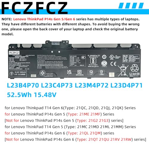 L23B4P70 Battery 52.5Wh 3400mAh Replacement for Lenovo Thinkpad T14 Gen 6 / Gen 5 / ThinkPad P14s Gen 5/6 21ME Series 5B11H56417 L23D4P71 L23C4P73 L23M4P72 SB11H56316 5B11H56415 15.48V 4-Cell
