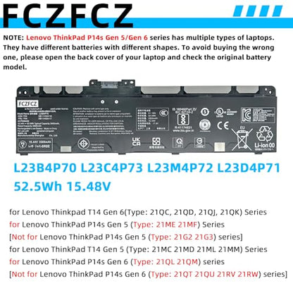 L23B4P70 Battery 52.5Wh 3400mAh Replacement for Lenovo Thinkpad T14 Gen 6 / Gen 5 / ThinkPad P14s Gen 5/6 21ME Series 5B11H56417 L23D4P71 L23C4P73 L23M4P72 SB11H56316 5B11H56415 15.48V 4-Cell