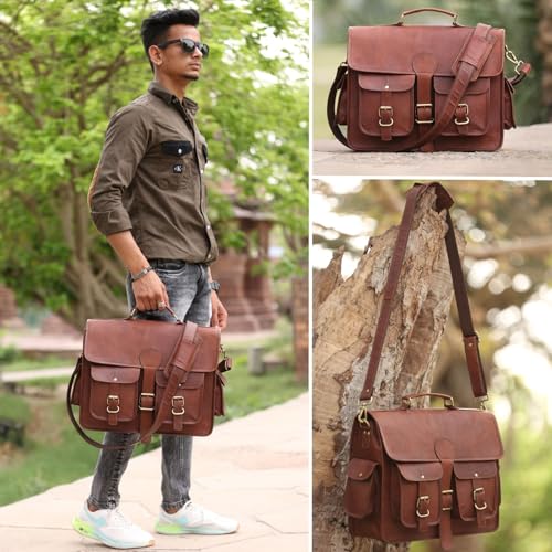 Genuine Leather Messenger Bag for Men & Women, Handmade Vintage Laptop Shoulder Bags with Adjustable Strap, Crossbody Briefcase for Office, College and Travel - 18 Inch, Brown