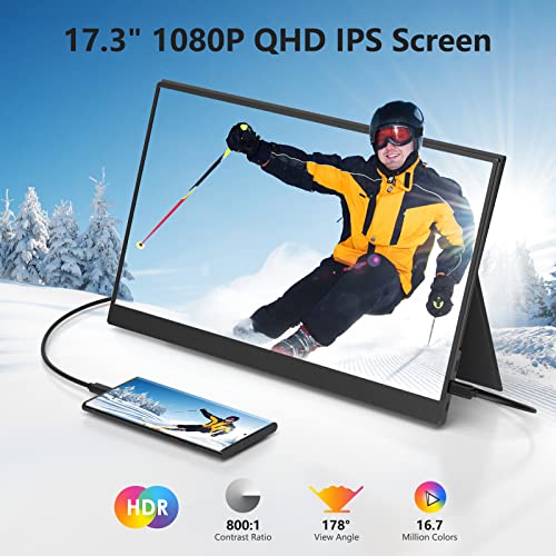 ForHelp 17.3" Portable Monitor 1080P FHD 144Hz Narrow Edge Laptop Monitor USB C HDMI Gaming Computer IPS HDR Screen, Travel Monitor for PC Mac Phone Xbox PS5 Switch Laptop w/Smart Cover & Speakers - style: 17.3"1080p