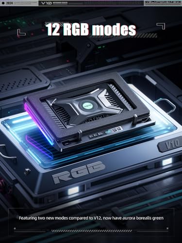 llano V10 Gaming Laptop Cooling Pad, RGB Laptop Cooler Stand with Powerful 4.72 Inch External Turbo Cooling Fan, Fast Cooling Computer 13-17.3in, Button Control, 3 Adjustable Stand, 4-Port USB C&A