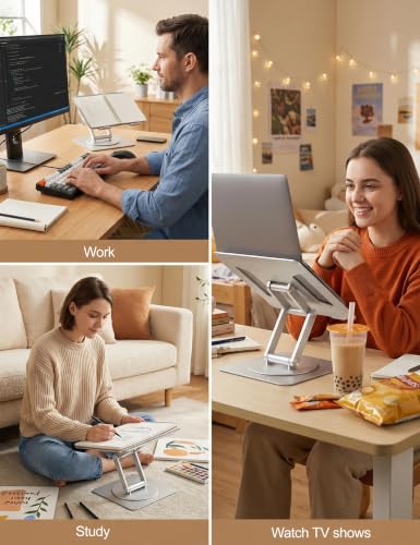 Laptop Stand, Dual-Axis Height Adjustable Ergonomic 360° Swivel | Anti-wobble carbon steel base, aluminum arm, 9.8" sit-to-stand height, hollow cooling panel, fits 10-17" MacBook & notebooks