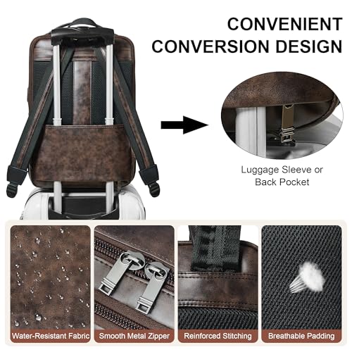 Vegan Leather Laptop Backpack for Women and Men Fits 16 Inch Laptop | Water Resistant,28L Expandable Computer Backpack Purse,USB Charging Port,Travel Work Business College Teacher Nurse - color: Two-toned Coffee