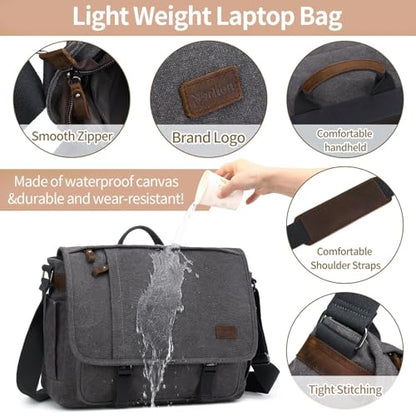 Nerlion Messenger Bag for Men 17-17.3 Inch Laptop Bag Canvas Water-resistant Computer Bag Shoulder Bag Work Briefcase Bookbag for College (Gray) - color: Coffee