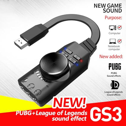 USB Sound Card Virtual 7.1 Surround Sound USB External Sound Card Adapter with PUBG Sound Effects for PC/PS4/PS5/Mac/Gaming Headset,Plug and Play