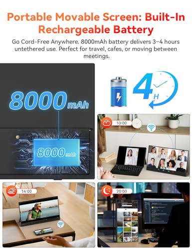 15.6" Wireless Portable Monitor Battery-Powered, Support AirPlay Miracast | 1080P FHD USB-C HDMI External Travel Display, 2nd Screen for Laptop MacBook PC Phone Tablet, w/Built-in Battery(4- 5H) - size: 15.6-inch