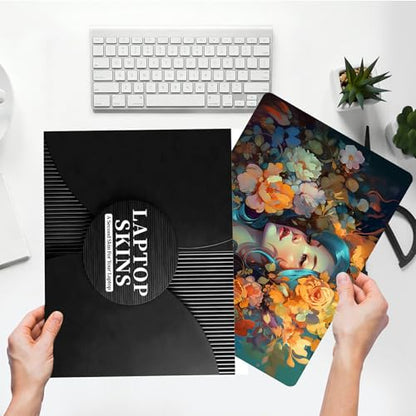 Universal Laptop Skin Sticker with 2 Wrist Pad Skins, Waterproof Scratch Resistant Vinyl Laptop Cover Decal, Cut to Fit for 11–15.6 Inch MacBook HP Dell Lenovo, Art Girl Flower - color: Art Girl Flower