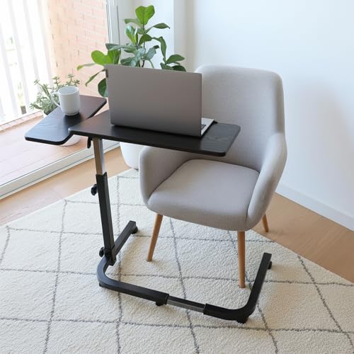KMINA Overbed Table with Wheels, Hospital Bed Table, Tilting, Adjustable Height, Wood and Steel, C Shaped Side for Home Use Swivel, Black - color: Black