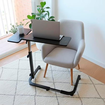 KMINA Overbed Table with Wheels, Hospital Bed Table, Tilting, Adjustable Height, Wood and Steel, C Shaped Side for Home Use Swivel, Black - color: Black