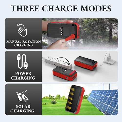 Solar Power Bank 66800mAh Built in Hand Crank and 4 Cables 22.5W Fast Charge,Camping Essentials/SOS/Strobe/Strong Flashlights,Compass Solar Portable Charger Power Bank (Red) - color: red