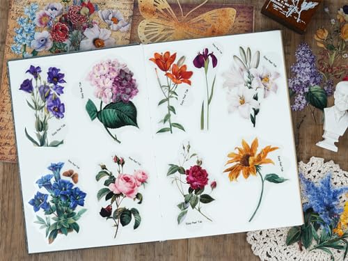 Knaid 100 Pieces Vintage Flower Stickers Set - Big 3.4" Waterproof Clear Botanical Floral Journaling Sticker for Scrapbooking Junk Journal Supplies Bullet Journals Planner Collage Laptop Paper Crafts
