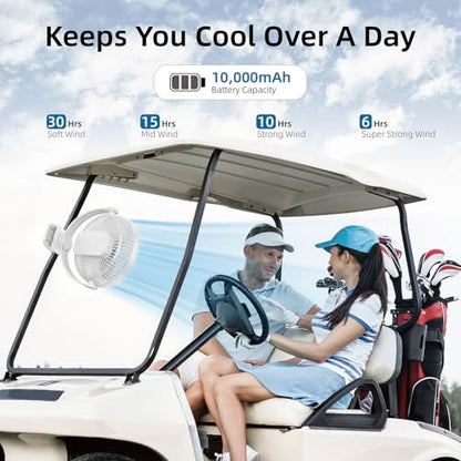 10000mAh 30hrs Rechargeable Clip on Fan, 8 Inch Battery Operated Fan Portable, 4 Speeds, Sturdy Clamp, Quiet USB Fans for Golf Cart Desk Treadmill Camping Truck Outdoor Travel Office, White - color: White