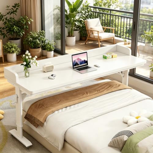 Overbed Table Adjustable Height，Overbed Table with 360° Wheels, Rolling Over The Bed Desk,Over Bed Desk with Wheels Queen, for Bedroom, Living Room, Hospital Use (White, 70.8in/180cm) - color: White, size: 70.8in/180cm