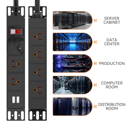 10 inch Rack PDU, 1U 6 Outlets(2 in Front, 4 in Back) Surge Protected,14AWG | 6ft Cable,1020J,15A Overload Switch & 2 USB-A, Rack Mount Power Strips for 10'' Mini Server Network Cabinets/Rack/Self