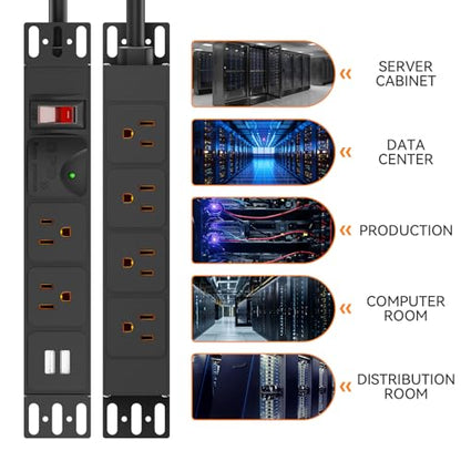 10 inch Rack PDU, 1U 6 Outlets(2 in Front, 4 in Back) Surge Protected,14AWG | 6ft Cable,1020J,15A Overload Switch & 2 USB-A, Rack Mount Power Strips for 10'' Mini Server Network Cabinets/Rack/Self