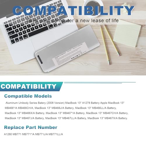 TREE.NB 56Wh A1280 Laptop Battery for Apple A1280 A1278 (2008 Version) MacBook 13-Inch Series, Compabiel for MB771G/A MB467LL/A MB466LL/A - size: 8.23x3.07x0.79inch A1280