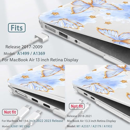 May Chen Compatible with MacBook Air 13 inch Case (Models A1369 & A1466, Older Version 2010-2017 Release), Plastic Hard Shell Case with Keyboard Cover & Screen Protector, Blue Butterfly