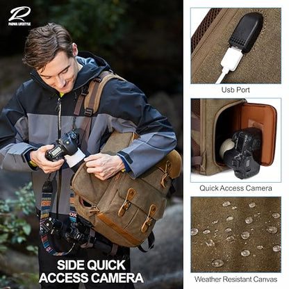 Padwa Lifestyle Khaki Professional Camera Backpack - Retro Crazy Horse Art Cowhide Canvas Large Camera Bag with Multi Camera&16” Laptop Thick Compartment,Weather Resistant Photography Backpacks - color: Khaki