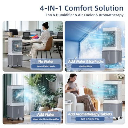 Upgraded Protable Evaporative Cooler 8.8 Gallon Cooler with Detachable Tank | Swamp Cooler with 120° Oscillation, 7-Hour Timer, Remote Control, Detachable Tank, Easy Clean for Bedroom Garage