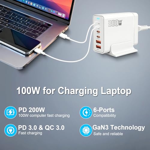 200W USB C Fast Charger, GaN Ⅲ PD 100W Charging Station, Upgraded 6-Port USB-C Fast Charging, Adapter for iPad iPhone 17 16 15 14 12, MacBook Pro, Samsung Galaxy