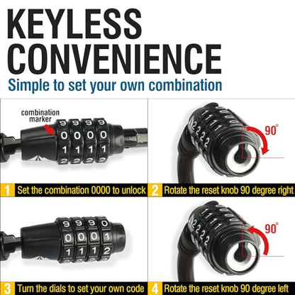 Straight Combination Bike Lock Cable - 3/8 inch (5FT, 10FT, 15FT, 25FT) Resettable Combination Lock, Anti-Theft Security Cable for Bicycles, Kayaks, Paddle Boards and Outdoor Gear (10 FT) - color: 10 FT