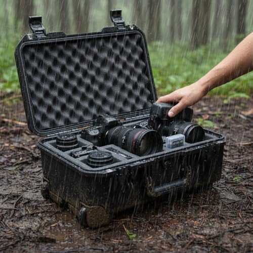 MEIJIA Premium Waterproof Rolling Hard Camera Case,Hard Protective Case with customizable fit foam and wheels,Full Protection with Light&Convenient Design,Elegant Black (21.7"x14.1"x8.8") - size: 21.7"x14.1"x8.8"