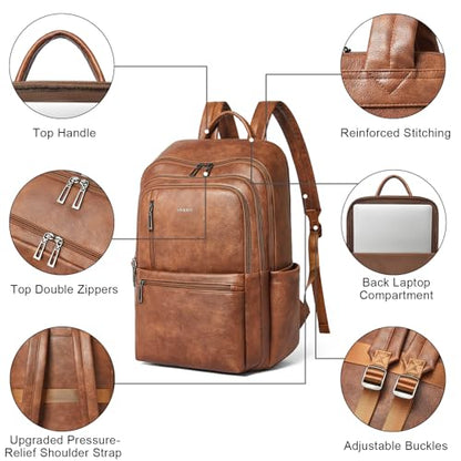 17 inch Leather Laptop Backpack for Women, Large Travel Backpack with 6 Compartments, Vegan Leather Computer backpack purse for Work Casual Daypack College - color: Brown