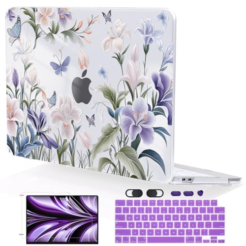 for MacBook Neo 13 inch Case 2026 A3404 with A18 Pro Chip, Anti-Scratch Slim Pattern Plastic Hard Shell Case 13-inch Neo Protective Cover with Keyboard Cover & Screen Film, Purple Flowers - color: Purple Flowers