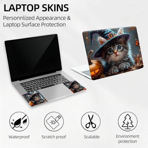 Halloween Witch Cat Universal Laptop Skin Sticker 3PCS, Protective Decal Trim-to-Fit 11.6" 13.3" 14" 15.6" Laptop Vinyl Cover, Removable Anti-Scratch Computer Decal Protector - color: Halloween Witch Cat