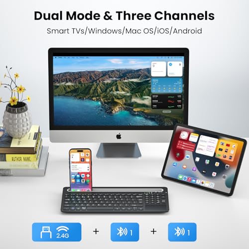 Silent Keyboard with Touchpad, Wireless Bluetooth Multi-Device | 3-in-1 Bluetooth 2.4G USB Wired, Rechargeable with Silicone Stand for PC Mac iPad Phone, Black