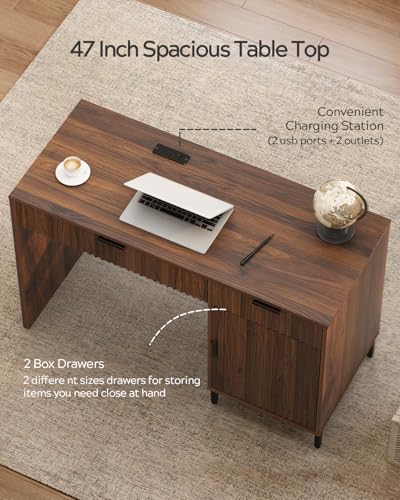 47" Fluted Executive Desk, Modern Wood Home Office Desk with Charging Station, Drawer & Cabinet, Computer Writing Desk for Work Study, Brown - color: Brown