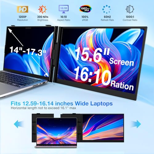 Laptop Screen Extender, Ultra-Thin 15.6" FHD 1200P 16:10 Portable Monitor for Laptop, Lightweight Dual Monitor Extender Plug & Play for 14.2"-17.3" Laptops, Compatible with Wins/Mac/Chrome/Linux - size: 15.3"-D