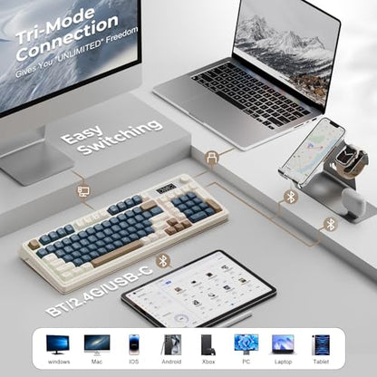 AULA S99 Pro Wireless Keyboard, Gaming Keyboards Media Knob Custom RGB Backlit, 3-Modes BT/2.4G/USB-C Membrane Cute Creamy Keyboard for Windows/MAC/PC Gamer - Blue White - color: Blue White