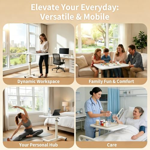 Adjustable Overbed Table with Wheels, Pneumatic Height Lift Rolling Bedside Table, Standing Desk for Home & Office Use, Ideal for Seniors & Limited Mobility(White) - color: White