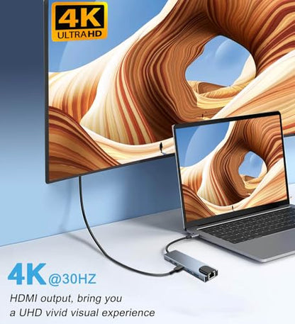 6 in 1 Type C to HDTV Adapter, USB C Hub with LAN Port, 4K HDMI Output USB C Adapter Compatible with MacBook Series, Chromebook, Laptop, Mouse, Keyboard, Flash Drive, Hard Disk