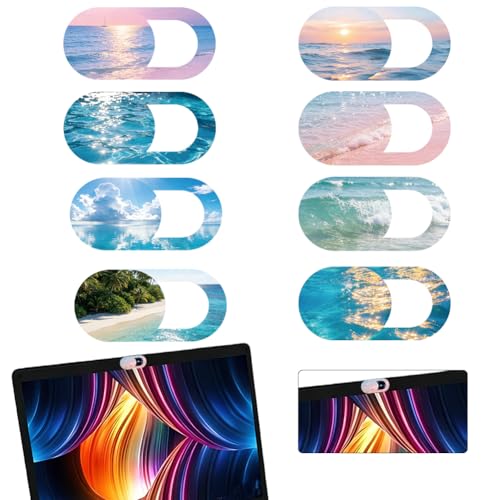 8Pcs 8 Styles Phone Front Camera Cover Slide Seascape 0.03 Inch Ultra Thin Webcam Cover for Mini PC Desktop Computer Tablet Notebook Plastic Durable Privacy Protectors for Home Office Use - color: Beach View