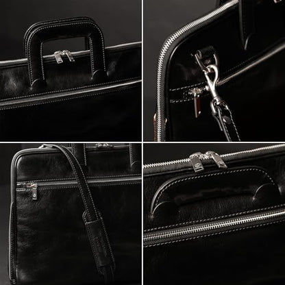 Time Resistance Slim Leather Briefcase - Italian Handmade Leather Computer Bag - Briefcase for Men and Women - Laptop Bag - color: Black