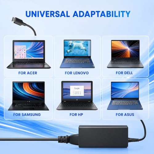 Business Office Universal 65W USB C Laptop Charger, Type C PD Fast Charging Adapter Compatible with Lenovo HP Dell Acer Asus Samsung Chromebook, Laptop Charger for School, Workspace and Commercial Use