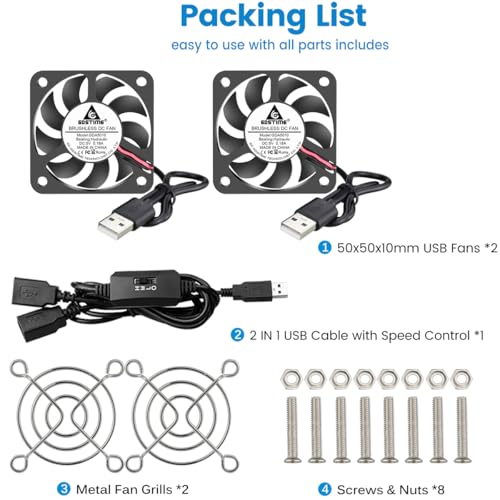 GDSTIME Dual 50mm USB Fan with 3 Speed Control, Mini 5V DC Cooling Cooler | 50x50x10mm, 5010, L/M/H Adjustable Wind, for Raspberry Pi, Cable Box, Aquarium, Small Appliances Series Replacement - size: 50x10mm