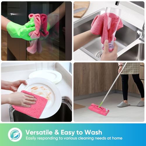 HOMEXCEL Pink Microfiber Cleaning Cloth, 12 Pack Premium Microfiber Towels for Cars, Lint Free, Scratch-Free, Highly Absorbent, Reusable Cleaning Rags for Car, Household, Kitchen, Window, 11.5"X11.5" - color: Pink