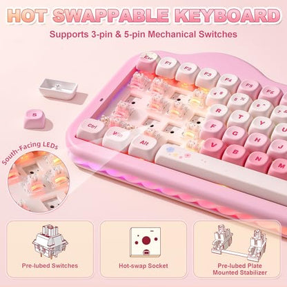 YUNZII C75 Cute 75% Wireless Mechanical Keyboard (Pink, Milk Switch) | Creamy Cake Keyboard, BT5.0/2.4G/USB-C, Hot-Swap, NKRO, PBT MOA Keycaps,5500mAh RGB Gasket Mount for Mac/Win/Gaming/Office - color: Pink, size: Milk V2 Switch