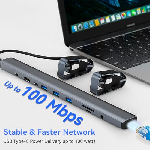10-in-1 USB-C Laptop Docking Station with Adjustable Stand, 100W Power Delivery, 4K HDMI, Gigabit Ethernet, SD/TF Card Reader, 3 USB 3.0 Ports (Silver)