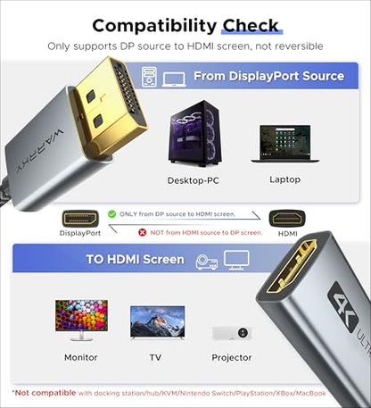 4K DisplayPort to HDMI Adapter, Uni-Directional WARRKY [4K UHD, Metal Case, Gold-Plated Pins] Display Port 1.2 Source to HDMI 2.0 Monitor Converter Compatible for HP, AMD, NVIDIA. Male to Female | Uni-Directional Dp → HDMI, 1440p at 60hz, 1080p at 120hz,